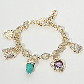 14K Gold Plated CZ Stone Paved Lock Heart Teardrop Charm Station Bracelet