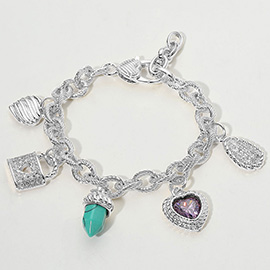 14K Gold Plated CZ Stone Paved Lock Heart Teardrop Charm Station Bracelet