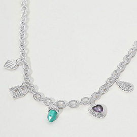 14K Gold Plated CZ Stone Paved Lock Heart Teardrop Charm Station Necklace