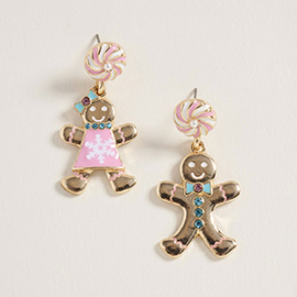 Mismatch Festive Holiday Gingerbread Man Woman Dangle Earrings