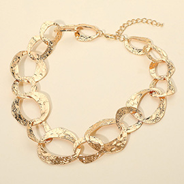 Bold Textured Hammered Metal Oval Ring Link Statement Necklace