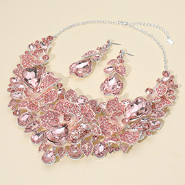 Teardrop Stone Cluster Accent Rhinestone Paved Floral Embellished Collar Statement Evening Necklace