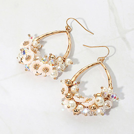 Flower Pearl Faceted Beaded Open Teardrop Dangle Earrings