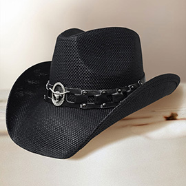Metal Steer Head Emblem Accent Faux Leather Linked Band Western Straw Cowboy Fedora Hat