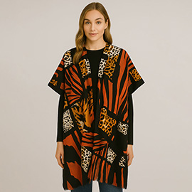 Multo Animal Print Open Front Kimono Poncho