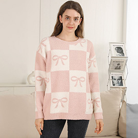Bow Grid Pattern Crew Neck Sweater