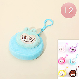 12PCS - Fuzzy Plush Monster Bunny Character Coin Purses / Keychains / Bag Charms