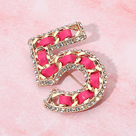 Rhinestone Rim Faux Leather Threaded Number Five Pin Brooch