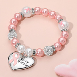 ALWAYS BELIEVE Pink Ribbon Heart Charm Pearl Shamballa Ball Beaded Stretch Bracelet