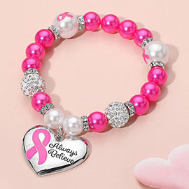 ALWAYS BELIEVE Pink Ribbon Heart Charm Pearl Shamballa Ball Beaded Stretch Bracelet