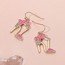 Pink Ribbon Accent Rhinestone Paved High Heel Dangle Earrings