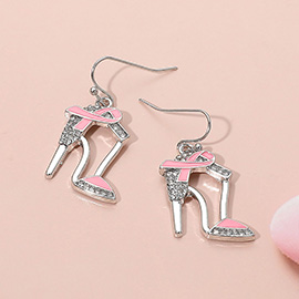 Pink Ribbon Accent Rhinestone Paved High Heel Dangle Earrings