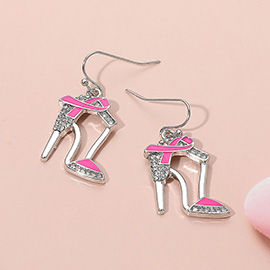 Pink Ribbon Accent Rhinestone Paved High Heel Dangle Earrings