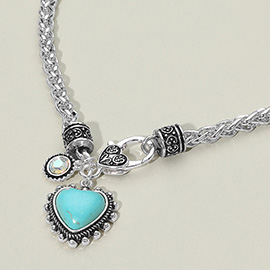 Heart Stone Pointed Pendant Antique Metal Necklace