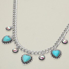 Heart Round Stone Cluster Pendant Station Necklace