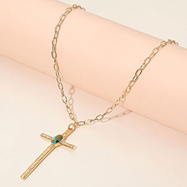 Boho Oval Stone Accent Cross Pendant Necklace