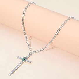 Boho Oval Stone Accent Cross Pendant Necklace