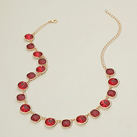 Round Square Stone Bezel Cluster Link Necklace