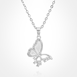 Stainless Steel CZ Stone Accent Mother of Pearl Butterfly Pendant Necklace