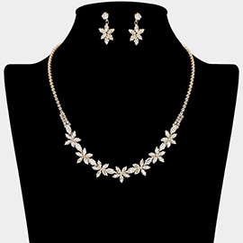 Floral CZ Stone Cluster Link Rhinestone Paved Necklace