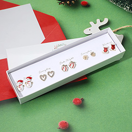 5Pairs - Enamel Snowman Holiday Gift Box Socks Stone Paved Snowflake Open Heart Stud Earring Set