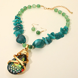 Rhinestone Paved Bold Faceted Teardrop Pendant Accent Marbled Stone Beaded Statement Necklace