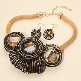 Faceted Round Stone Accent Colorful Metal Coil Wrapped Statement Necklace