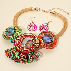 Faceted Round Stone Accent Colorful Metal Coil Wrapped Statement Necklace