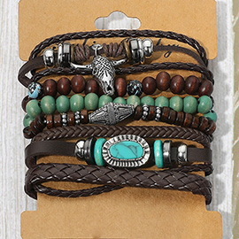 6PCS - Unisex Western Theme Steerhead Turquoise Charm Accent Adjustable Wood Beaded Stretch Multi Layered Bracelets