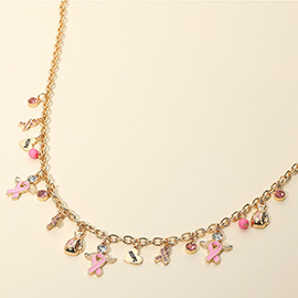 Awareness Message Pink Ribbon Heart Angel Charm Station Necklace