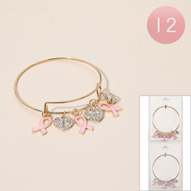 12PCS - Awareness Pink Ribbon Charm Heart Accents Bangle Bracelets