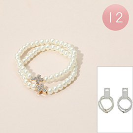 12 SET OF 2 - Crystal Cross Charm Pearl Beaded Stretch Bracelets