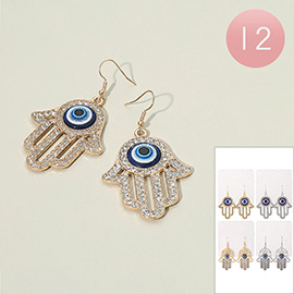 12Pairs - Evil Eye Accent Rhinestone Paved Hamsa Hand Dangle Earrings