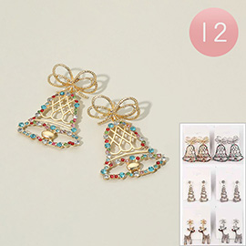 12Pairs - Rhinestone Paved Holiday Christmas Theme Earrings