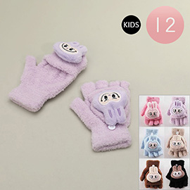 12Pairs - Kids Plush Monster Bunny Character Accent Soft  Winter Fingerless Gloves
