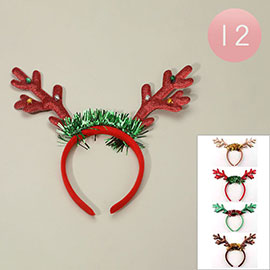 12PCS - Christmas Tinsel Bell Embellished Sparkled Reindeer Antler Headbands