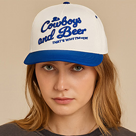 COWBOY AND BEER Message Embroidered Five Panel Canvas Snapback Baseball Cap