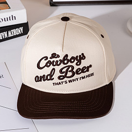COWBOY AND BEER Message Embroidered Five Panel Canvas Snapback Baseball Cap