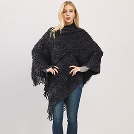 Fringe Hem Fuzzy Knit Poncho