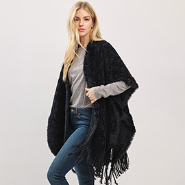 Fringe Trim Textured Poncho Wrap