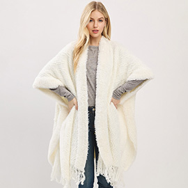 Fringe Trim Textured Poncho Wrap