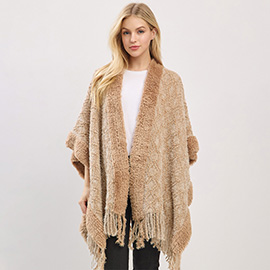 Fringe Trim Textured Poncho Wrap