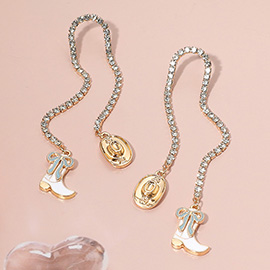 Western Chic Crystal Chain Cowboy Boot Hat Drop Earrings