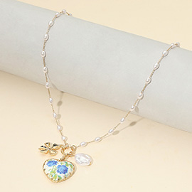 Floral Pearl Detailed Romantic Heart Pendant Necklace