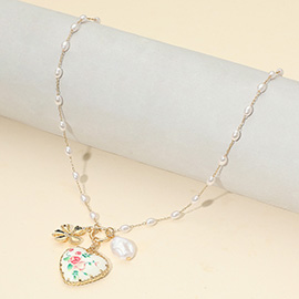 Floral Pearl Detailed Romantic Heart Pendant Necklace