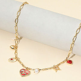 Butterfly Flower Enamel Detailed Heart Pendant Charm Station Necklace