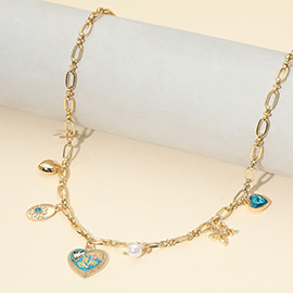 Butterfly Flower Enamel Detailed Heart Pendant Charm Station Necklace