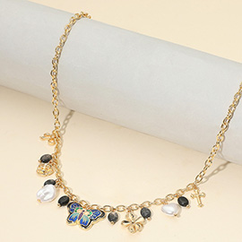 Enamel Butterfly Flower Cross Bow Heart Pearl Charm Station Necklace