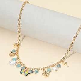 Enamel Butterfly Flower Cross Bow Heart Pearl Charm Station Necklace