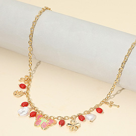 Enamel Butterfly Flower Cross Bow Heart Pearl Charm Station Necklace